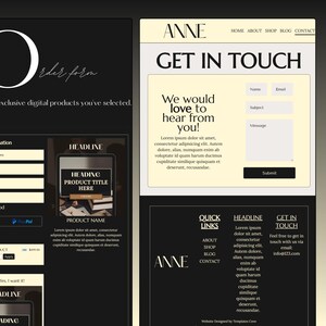 May include: A black and white website design template for an online shop called "Anne". The template features a contact form, a product order form, and a section for quick links to the shop's about, shop, blog, and contact pages. The website design is minimalist and modern.
