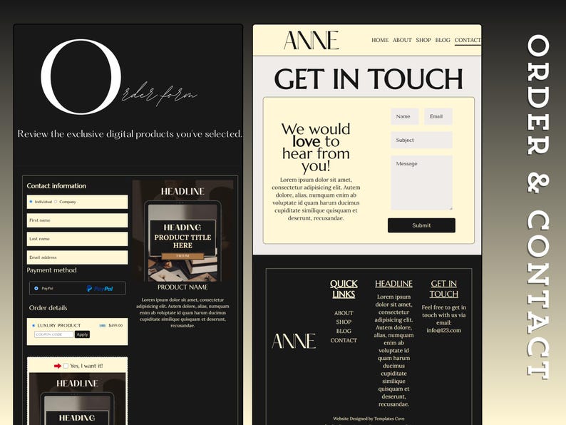 May include: A black and white website design template for an online shop called "Anne". The template features a contact form, a product order form, and a section for quick links to the shop's about, shop, blog, and contact pages. The website design is minimalist and modern.