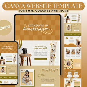 May include: A digital design template for a website, displayed on a tablet and smartphone. The design features a warm color palette with text that reads "Mondays in Amsterdam" and "you are gold". The template is for SMM, coaches, and more.