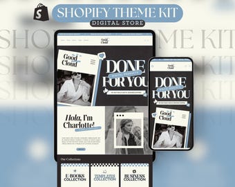 Könnte beinhalten: Ein digitales Shop-Theme-Kit, das auf einem Tablet und Smartphone angezeigt wird. Das Tablet zeigt eine Website mit dem Text "DONE FOR YOU" und "DIGITAL PRODUCTS". Das Smartphone zeigt ein ähnliches Layout. Das Theme-Kit umfasst E-Books, Vorlagen und Business-Sammlungen.