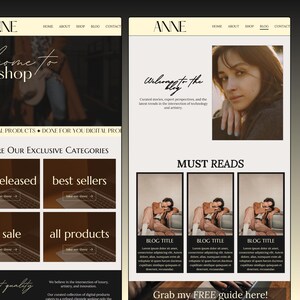 May include: A website homepage for a shop selling digital products. The website features a welcome message, a section to explore exclusive categories, and a section for must reads. The website has a light brown background with a beige header and footer.