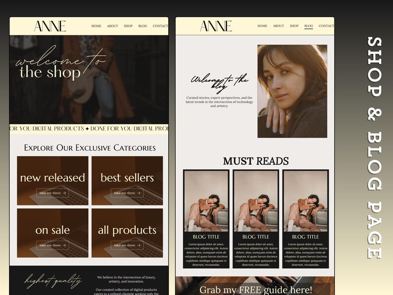 May include: A website homepage for a shop selling digital products. The website features a welcome message, a section to explore exclusive categories, and a section for must reads. The website has a light brown background with a beige header and footer.