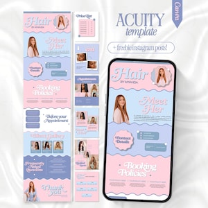 May include: A digital design template for Acuity featuring a pastel pink and blue color scheme with wavy borders. The layout includes sections for Hair by Amanda, Meet Her, Contact Details, Booking Policies, and a client gallery with placeholder text.