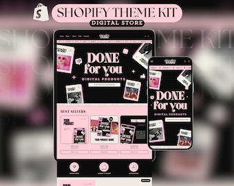May include: A digital store theme kit displayed on a tablet and smartphone. The design features a black and pink color scheme with the text "DONE for YOU DIGITAL PRODUCTS". The tablet shows a website layout with product images.