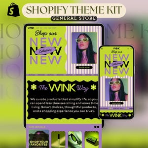 May include: A digital display showcasing a Shopify theme kit for a general store. The design features a tablet and smartphone displaying a website with the text "Shop our NEW Collections NEW". The theme uses a green, purple, and white color scheme.