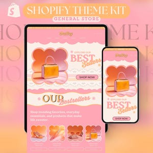 May include: A digital mockup of a Shopify theme kit for a general store, displayed on a tablet and smartphone. The theme features a pink and orange color scheme with the text "Shopify Theme Kit" and "Explore Our Best Sellers."