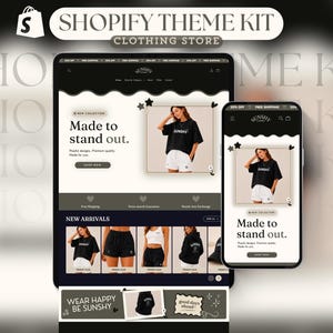 May include: A Shopify theme kit for a clothing store displayed on a tablet and smartphone screen. The interface features a black and white color scheme with the text Made to stand out, Sunshy, and Wear happy be Sunshy visible on the web pages.