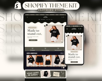 May include: A Shopify theme kit for a clothing store displayed on a tablet and smartphone screen. The interface features a black and white color scheme with the text Made to stand out, Sunshy, and Wear happy be Sunshy visible on the web pages.