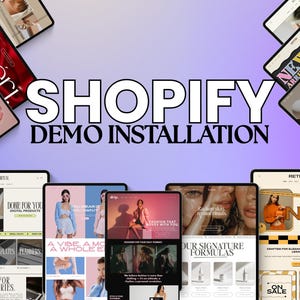 May include: A collection of tablets displaying various e-commerce website designs. The phrase "SHOPIFY DEMO INSTALLATION" is prominently displayed. The tablets showcase different product categories and website layouts, with the word "NEW" visible.