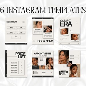 May include: A set of six Instagram templates featuring a neutral color palette with black text. The designs include layouts for newslots, service menus, before and after comparisons, price lists, appointment scheduling, and limited spots announcements.