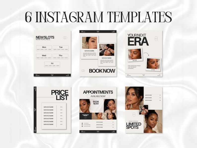 May include: A set of six Instagram templates featuring a neutral color palette with black text. The designs include layouts for newslots, service menus, before and after comparisons, price lists, appointment scheduling, and limited spots announcements.