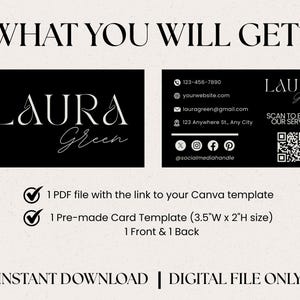 Op de afbeelding: Een digitaal visitekaartjessjabloon met een zwart-wit ontwerp. De kaart bevat de naam "LAURA Green", contactgegevens en social media-pictogrammen. De afbeelding vermeldt ook dat de klant een PDF-bestand en een kant-en-klare kaart, 8,9 cm B x 5,1 cm H, ontvangt.