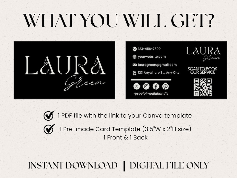 Op de afbeelding: Een digitaal visitekaartjessjabloon met een zwart-wit ontwerp. De kaart bevat de naam "LAURA Green", contactgegevens en social media-pictogrammen. De afbeelding vermeldt ook dat de klant een PDF-bestand en een kant-en-klare kaart, 8,9 cm B x 5,1 cm H, ontvangt.