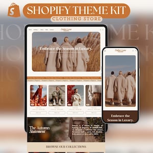 Könnte beinhalten: Digitale Darstellung eines Shopify-Theme-Kits für ein Bekleidungsgeschäft. Die Tablet- und Telefonbildschirme zeigen die Website mit dem Text "Embrace the Season in Luxury". Die Website präsentiert Herbstkleidung.