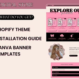 May include: A digital store advertisement with a pink and black color scheme. The text includes "DIGITAL STORE", "WHAT DO YOU GET?", "SHOPIFY THEME", "INSTALLATION GUIDE", and "CANVA BANNER TEMPLATES". The ad also features product mockups and the phrase "EXPLORE OUR products".