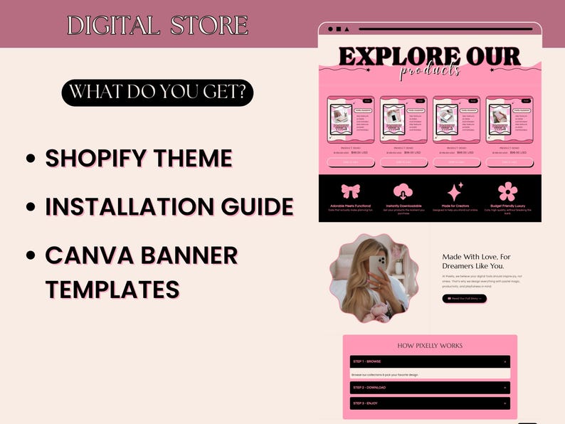 May include: A digital store advertisement with a pink and black color scheme. The text includes "DIGITAL STORE", "WHAT DO YOU GET?", "SHOPIFY THEME", "INSTALLATION GUIDE", and "CANVA BANNER TEMPLATES". The ad also features product mockups and the phrase "EXPLORE OUR products".