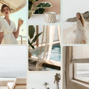 May include: A collage of images featuring a woman in a white dress, a cup of coffee, a pool with a sheer curtain, a window with a white blind, and a beach scene with palm trees.