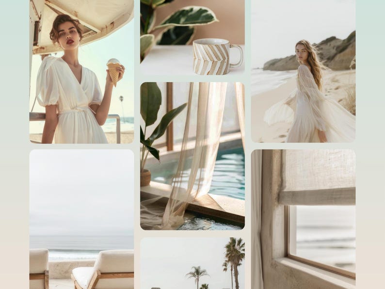 May include: A collage of images featuring a woman in a white dress, a cup of coffee, a pool with a sheer curtain, a window with a white blind, and a beach scene with palm trees.