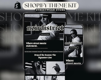 Motyw Shopify dla witryny internetowej poświęconej odzieży ulicznej Luksusowy szablon Shopify Estetyczny szablon witryny internetowej Shopify dla firm z odzieżą uliczną w kolorze czarnym