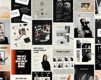May include: A collage of digital marketing and personal branding graphics. The images include a microphone, a laptop, and text that reads "Your life's goal is to never give up on your dreams." The color palette is neutral with pops of red.