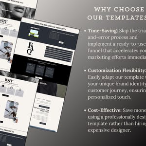 May include: A website design template with a black and white color scheme. The text on the page reads "Why Choose Our Templates?" and lists three reasons: Time-Saving, Customization Flexibility, and Cost-Effective.