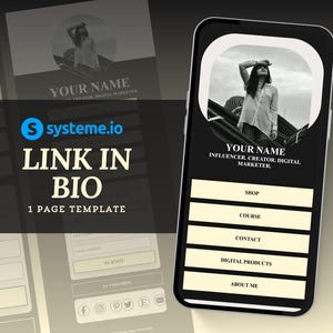 May include: A black and white mobile phone screen displaying a link in bio template with the text "YOUR NAME INFLUENCER, CREATOR, DIGITAL MARKETER."  The template has buttons for "SHOP", "COURSE", "CONTACT", "DIGITAL PRODUCTS", and "ABOUT ME".