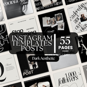 Könnte beinhalten: Eine Sammlung von Instagram-Vorlagen in dunkler Ästhetik, mit verschiedenen Layouts mit Text und Bildern. Das Design verwendet Schwarz-Weiß-Elemente, mit Sätzen wie "Instagram Templates Posts" und "55 Pages".