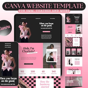 May include: A digital Canva website template for SMM, coaches, and more. The design features a pink and black color scheme with the text "CANVA WEBSITE TEMPLATE" at the top. The template includes a phone, tablet, and desktop layout with the text "Hola, I'm Charlotte!"