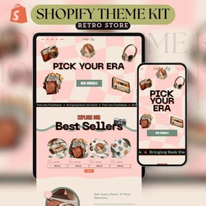 May include: A Shopify theme kit for a retro store, shown on a tablet and smartphone. The design features a pink and white checkered background with illustrations of vintage items like cameras and headphones. Text includes "Pick Your Era" and "Best Sellers."