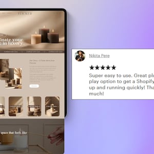 May include: A tablet screen shows the "FLICKER" website, featuring candles and the slogan "Illuminate your space in luxury." A customer review is displayed, with a five-star rating and positive feedback.