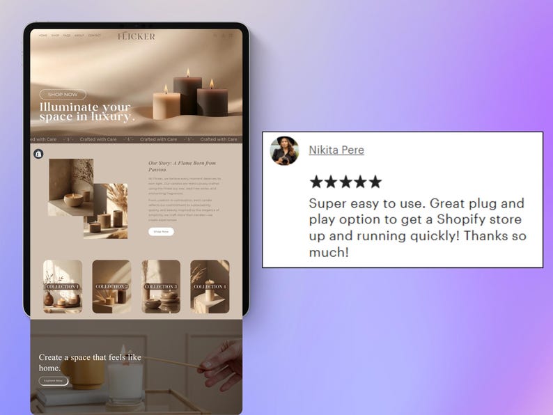 May include: A tablet screen shows the "FLICKER" website, featuring candles and the slogan "Illuminate your space in luxury." A customer review is displayed, with a five-star rating and positive feedback.