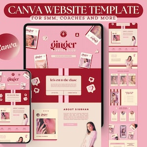 Puede incluir: Una maqueta digital de una plantilla de sitio web para SMM, entrenadores y más, que se muestra en una tableta, un teléfono y una pantalla de computadora. El diseño presenta un esquema de color rosa y rojo con el texto "CANVA WEBSITE TEMPLATE" y "ginger diaries club".