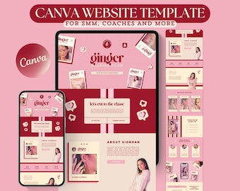 May include: A digital mockup of a website template for SMM, coaches, and more, displayed on a tablet, phone, and computer screen. The design features a pink and red color scheme with the text "CANVA WEBSITE TEMPLATE" and "ginger diaries club".
