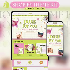 Può includere: Un kit a tema per negozi digitali visualizzato su tablet e smartphone. Il design presenta una combinazione di colori rosa e verde con il testo "DONE for YOU DIGITAL PRODUCTS". L'immagine include il testo "SHOPIFY THEME KIT DIGITAL STORE".