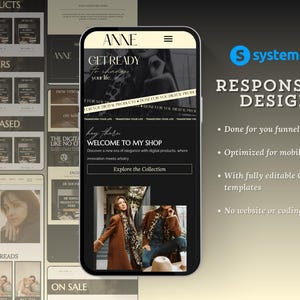 May include: A mobile phone screen displaying a website for a digital product shop. The website has a black background with white text and a photo of a woman in a brown coat. The text on the screen reads "Get Ready to Change Your Life", "Welcome to My Shop", and "Explore the Collection".
