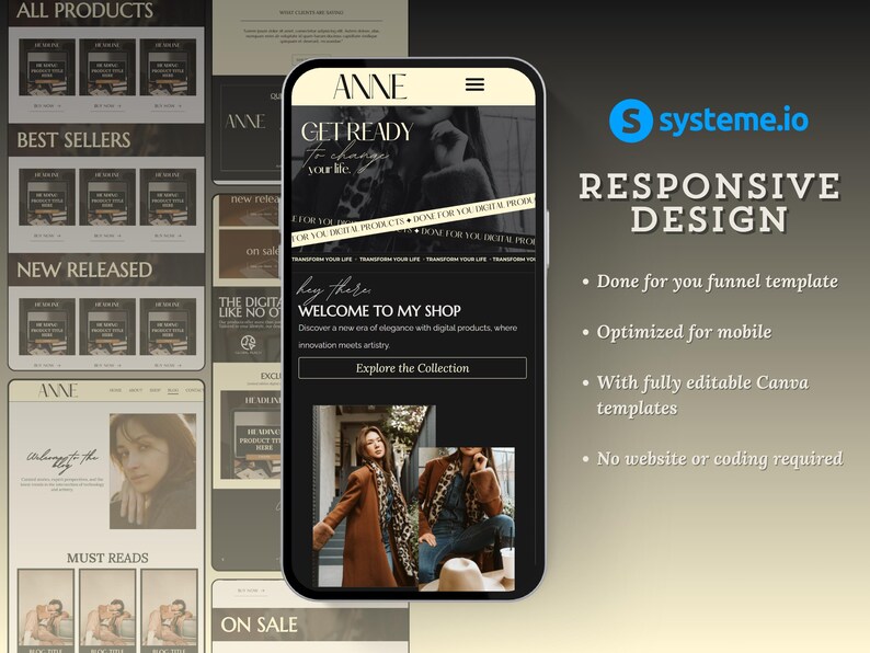 May include: A mobile phone screen displaying a website for a digital product shop. The website has a black background with white text and a photo of a woman in a brown coat. The text on the screen reads "Get Ready to Change Your Life", "Welcome to My Shop", and "Explore the Collection".