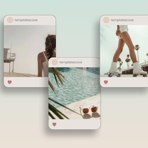 May include: Three Instagram-style images with the text "templatescove" at the top. The first image shows a person walking on a beach with a lifeguard stand in the background. The second image shows a pool with a palm tree and sunglasses on the edge. The third image shows a person roller skating on a boardwalk.