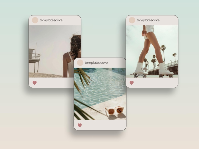 May include: Three Instagram-style images with the text "templatescove" at the top. The first image shows a person walking on a beach with a lifeguard stand in the background. The second image shows a pool with a palm tree and sunglasses on the edge. The third image shows a person roller skating on a boardwalk.