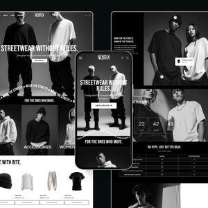May include: A black and white website design showcasing streetwear apparel. The website features the text "STREETWEAR WITHOUT RULES" and "FOR THE ONES WHO MOVE." The design includes images of clothing and models.