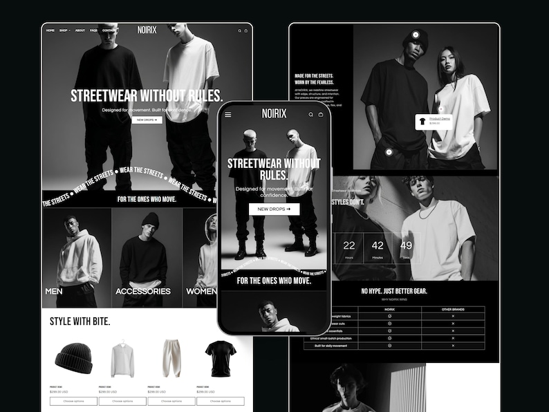 May include: A black and white website design showcasing streetwear apparel. The website features the text "STREETWEAR WITHOUT RULES" and "FOR THE ONES WHO MOVE." The design includes images of clothing and models.