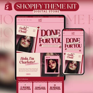 May include: A digital store theme kit displayed on a tablet and smartphone. The design features a pink and burgundy color scheme with the text "Shopify Theme Kit" and "Digital Store". The tablet and phone screens showcase a website design with the words "Done For You".