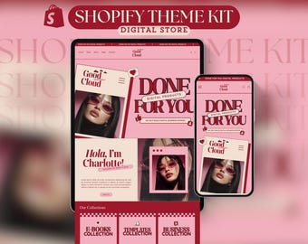 May include: A digital store theme kit displayed on a tablet and smartphone. The design features a pink and burgundy color scheme with the text "Shopify Theme Kit" and "Digital Store". The tablet and phone screens showcase a website design with the words "Done For You".