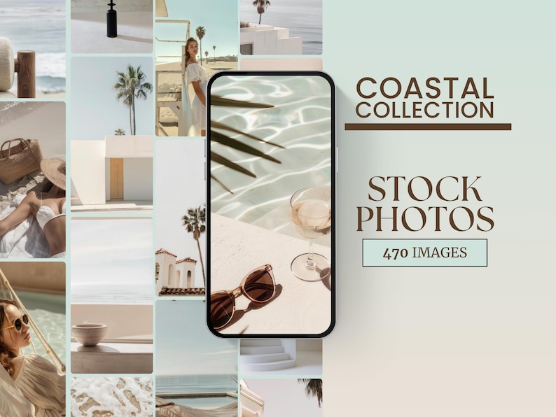 May include: A collage of images featuring a variety of coastal scenes, including a pool, palm trees, and a glass of wine. The text "Coastal Collection Stock Photos 470 Images" is displayed on a light blue background.