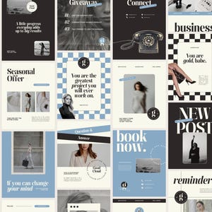 May include: A selection of digital marketing templates in a minimalist style. The designs use black, white, and light blue, with text and images. The templates include phrases such as "Giveaway" and "Book Now."