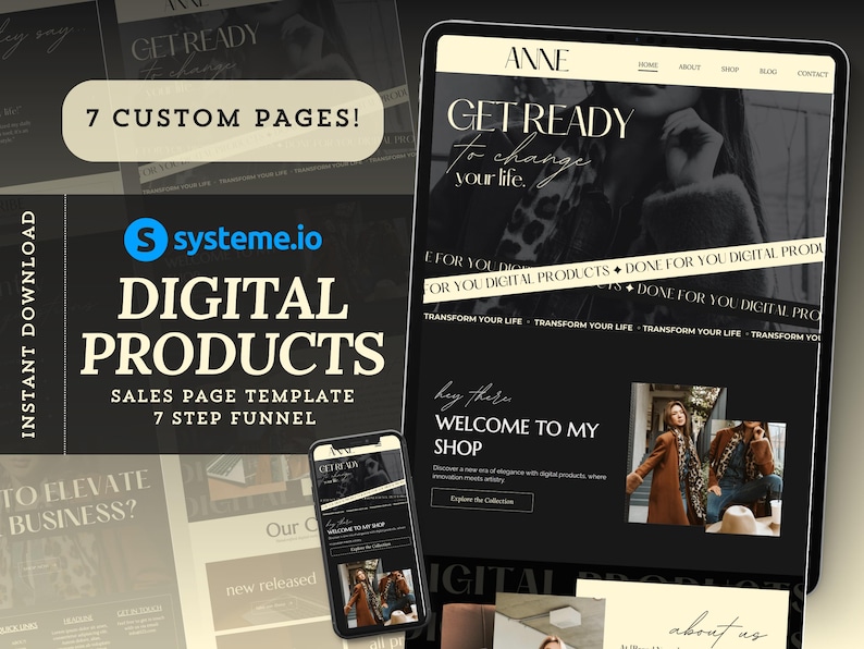May include: A digital product sales page template with a 7-step funnel. The template features a black and white design with a woman wearing a leopard print scarf. The text on the page says "Get Ready to Change Your Life." and "Digital Products Sales Page Template 7 Step Funnel".