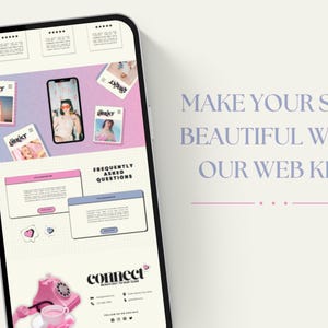 May include: A smartphone displays a website design with pink and blue elements. The screen shows magazine covers, a phone, and a pink rotary phone. Text reads "MAKE YOUR SITE BEAUTIFUL WITH OUR WEB KIT."