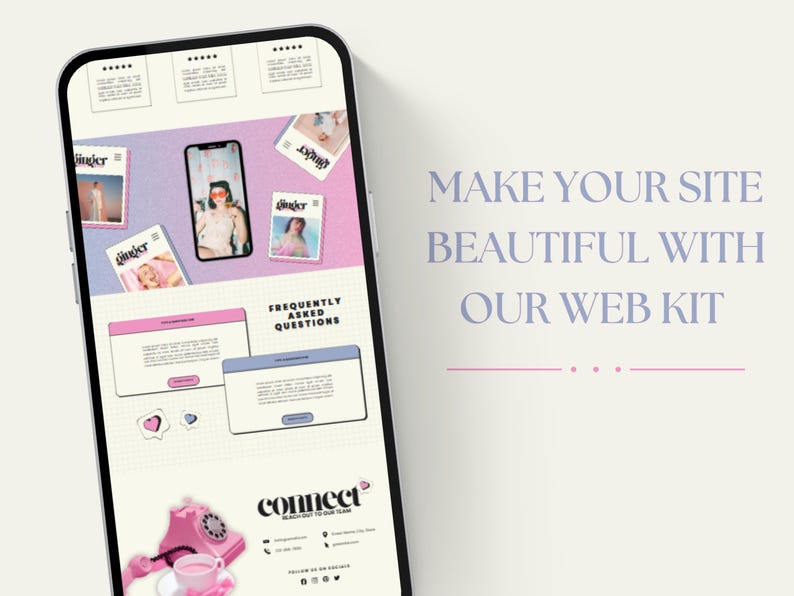 May include: A smartphone displays a website design with pink and blue elements. The screen shows magazine covers, a phone, and a pink rotary phone. Text reads "MAKE YOUR SITE BEAUTIFUL WITH OUR WEB KIT."