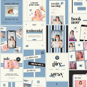 Może przedstawiać: Zbiór grafik do mediów społecznościowych w jasnoniebieskiej i kremowej kolorystyce. Grafiki zawierają teksty takie jak "You are gold, babe" i "Sale". Zawierają zdjęcia kobiety z różowymi włosami i inne zdjęcia lifestyle.