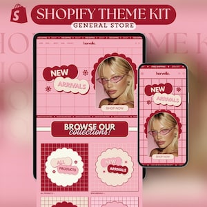 Peut inclure: Présentation d'un kit de thème Shopify rose sur une tablette et un smartphone. Les écrans affichent un site web avec une mise en page en grille, une femme avec des lunettes roses et le texte "NEW ARRIVALS". Le kit comprend le texte "SHOP NOW".