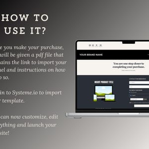 May include: A laptop computer screen displaying a website checkout page with the text "YOUR BRAND NAME" and "You are one step closer to completing your purchase." The page includes a product title, contact information, and payment method fields.